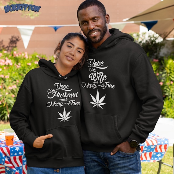 Married Stoner Couple Hoodies Set, 2 Matching Sweatshirts, Love & Mary Jane Funny 420 Gift, Organic-Cotton Fleece, NuKrypton Weed Shirt