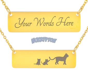 Cat Lover's 18K Gold Necklace - Personalized Cat Mom Jewelry - Unique Mother's Day Gift - Engravable Gold Bar Cat Pendant