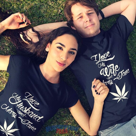 Married Stoner Couple T-shirt Set, 2 Matching Weed Shirts, Love & Mary Jane Funny 420 Gift, Organic-Cotton Tees up to 5XL, NuKrypton Apparel