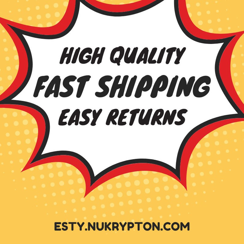 K&ouml;nnte beinhalten: Eine wei&szlig;e Sprechblase mit rotem Rand und schwarzem Rahmen auf gelbem Hintergrund mit wei&szlig;en Punkten. Die Sprechblase enth&auml;lt den Text "HIGH QUALITY FAST SHIPPING EASY RETURNS" und der Text "ESTY.NUKRYPTON.COM" befindet sich unterhalb der Sprechblase.