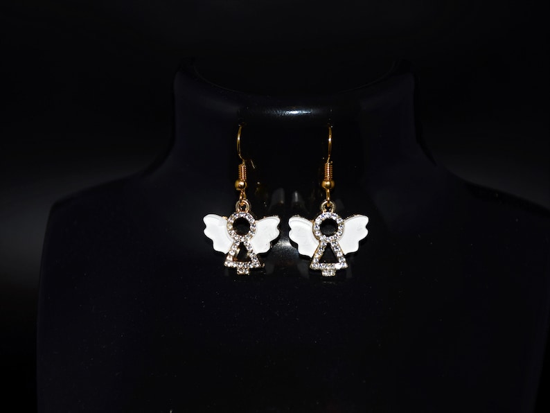 Gold plated white wings enamel rhinestone angel pendant charm necklace earrings or set