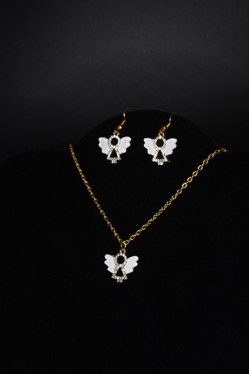 Gold plated white wings enamel rhinestone angel pendant charm necklace earrings or set