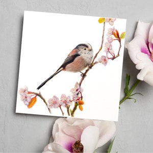 Carte de voeux de mésange à longue queue, jardin d'anniversaire, carte de voeux de faune, carte de voeux d'oiseau, carte de fête des mères