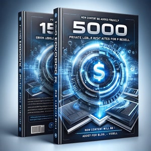 Puede incluir: Dos libros de tapa dura con cubiertas azul oscuro. La portada del primer libro dice "1500 Ebook Labels". El segundo libro dice "5000 Private Label Rights for Resell". Ambas portadas presentan un signo de dólar azul brillante y un diseño digital.