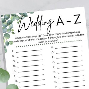 Wedding A-Z Game, Wedding A to Z Game, Bridal Shower Games Printable, Wedding Games, Bridal Games, Wedding Shower Printable Games for Bride