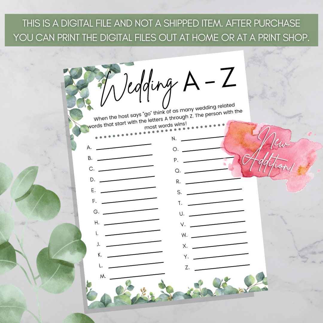 Wedding A-Z Game, Wedding A to Z Game, Bridal Shower Games Printable ...