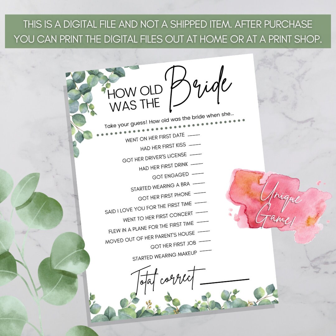 How Old Was the Bride Game, Wedding Shower Games Printable Bridal Games ...