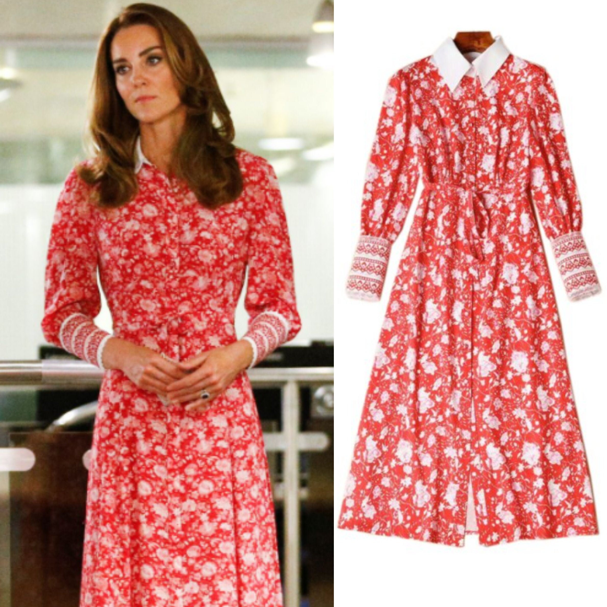 Kate Middleton Floral Midi Dress Summer Shirt Dress Pink Red | Etsy