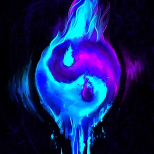 May include: A blue and purple yin yang symbol with flames on top, dripping blue paint against a black background.