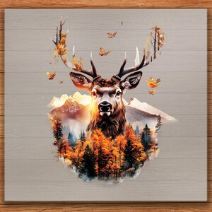 Mountain Deer DTF Transfer, Stag in Colorful Autumn Landscape with Trees and Mist, Ready To Press for Nature Lovers Shirt Art