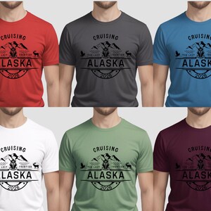 a collage of six t-shirts, each featuring the same design with the text "CRUISING ALASKA" and "2026".
