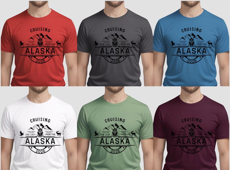 a collage of six t-shirts, each featuring the same design with the text "CRUISING ALASKA" and "2026".