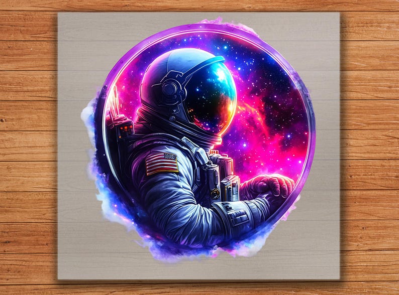 Pode incluir: Impress&atilde;o de arte digital de um astronauta em um traje espacial, em um fundo de nebulosa vibrante. O astronauta &eacute; emoldurado dentro de um c&iacute;rculo roxo brilhante, com o patch da bandeira americana vis&iacute;vel.