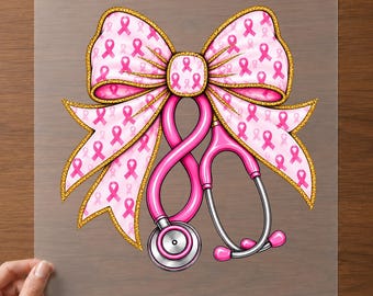 Awareness DTF, Pink Ribbon Bow Stethoscope Transfer | Nurse Teams | October Events