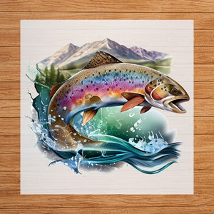 May include: A colorful rainbow trout leaps out of the water, its scales shimmering in the sunlight. The fish is surrounded by a spray of water droplets and a background of mountains and trees.