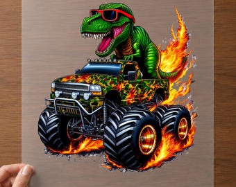 Dinosaur Monster Truck DTF Transfer for Fire Breathing Adventure Ready To Press