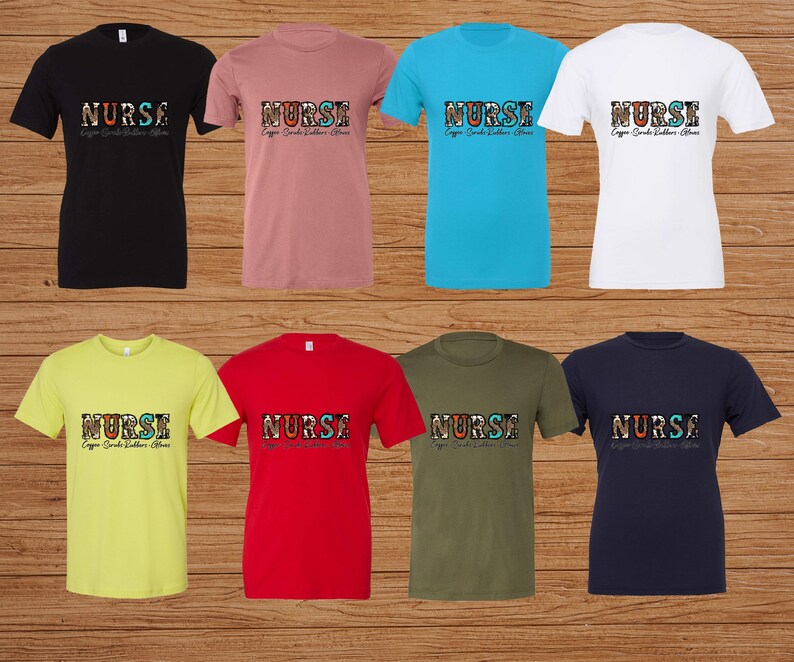 May include: A set of ten t-shirts in various colors, each featuring a colorful graphic of the word "NURSE" with the text "Every Smile Matters" underneath. The shirts are available in black, pink, blue, white, yellow, red, green, and navy.