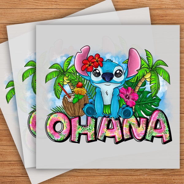 Ohana Stitch Summer DTF Transfer, Family Themed Design, Ready-to-Press Graphic for Casual Beachwear, Lovable Alien Illustration