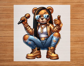 May include: A cartoon illustration of a brown bear wearing a gold chain, sunglasses, a brown jacket, blue jeans, and brown boots. The bear is holding a microphone and has a gold chain around its neck.
