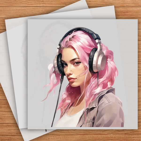 Pink Hair Girl Headset DTF Transfer, Stylish Gamer Girl Design, Ready-to-Press Graphic for Trendy Apparel, Bold Gamer Illustration