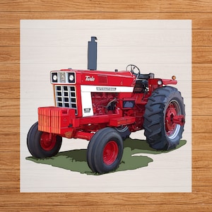 May include: A red International Harvester tractor with a Turbo label on the side. The tractor has large tires and a black exhaust pipe.