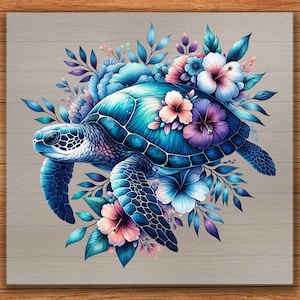 May include: A vibrant illustration of a sea turtle adorned with blue, purple, and pink flowers and foliage. The turtle's shell is a gradient of turquoise and teal, with intricate detailing. The artwork is set against a light gray wood-grain background.