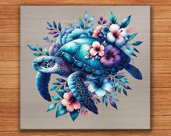Cosmic Turtle DTF Transfer: Starry Floral Sea Turtle Iron-On
