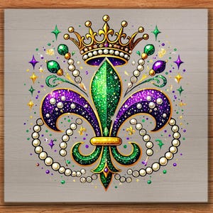 Royal Mardi Gras DTF Transfer, Fleur-de-lis Design, Pearl Crown, Purple ...