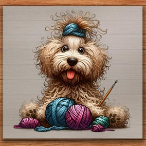 May include: A whimsical illustration of a fluffy dog wearing a blue knit cap, surrounded by colorful yarn balls. The dog has a crochet hook and a pink tongue. The artwork is on a wooden background.