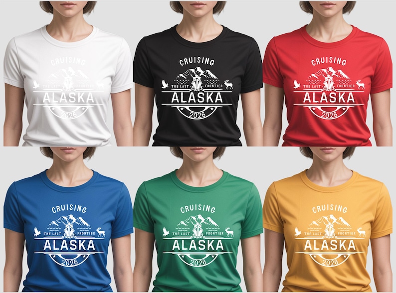 The image is a collage of six t-shirt designs featuring the text "Cruising Alaska" in various colors and styles.