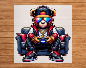Graffiti Gamer Teddy Bear DTF Transfer: Urban Hip Hop Iron-On Decal