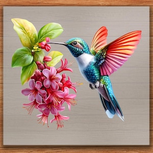 May include: A vibrant illustration of a hummingbird with iridescent blue, green, and white feathers, hovering near pink flowers and green leaves. The hummingbird's wings display shades of red and pink. The artwork is set against a light gray background.