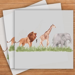May include: Watercolor illustration of African animals on a light gray background. A lion with a brown mane roars, followed by a giraffe and a gray elephant, all standing in green grass. The image is on a white card.