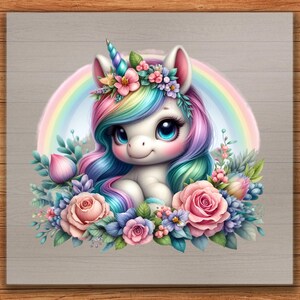 Rainbow Unicorn DTF Transfer, Adorable Pastel Pony Design With Flowers, Ready To Press For Kids Shirts, Iron On Decal, Heat Transfer