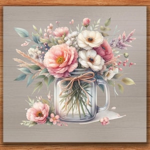 Floral Mason Jar DTF Transfer: Rustic Pastel Daisies, Iron-On