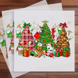 Nurse Christmas Trees DTF Transfer - Medical Professional Holiday Apparel Decor - Ready to Press for Scrubs and Tees