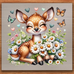 Fawn Flowers DTF Transfer, Adorable Deer with Heart Marks and Wildflowers, Ready to Press DIY Heat Transfer Shirt Design