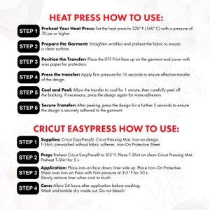May include: A red and white graphic with instructions on how to use a heat press for transferring designs onto fabric. The graphic includes steps for preheating the heat press, preparing the garment, positioning the transfer, pressing the transfer, cooling and peeling the transfer, and securing the transfer. The graphic also includes instructions on how to use a Cricut EasyPress.