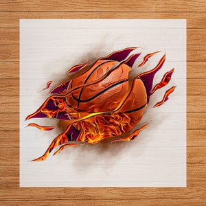 May include: A basketball with orange and brown leather texture is bursting through a white background with flames of orange, yellow, and purple.