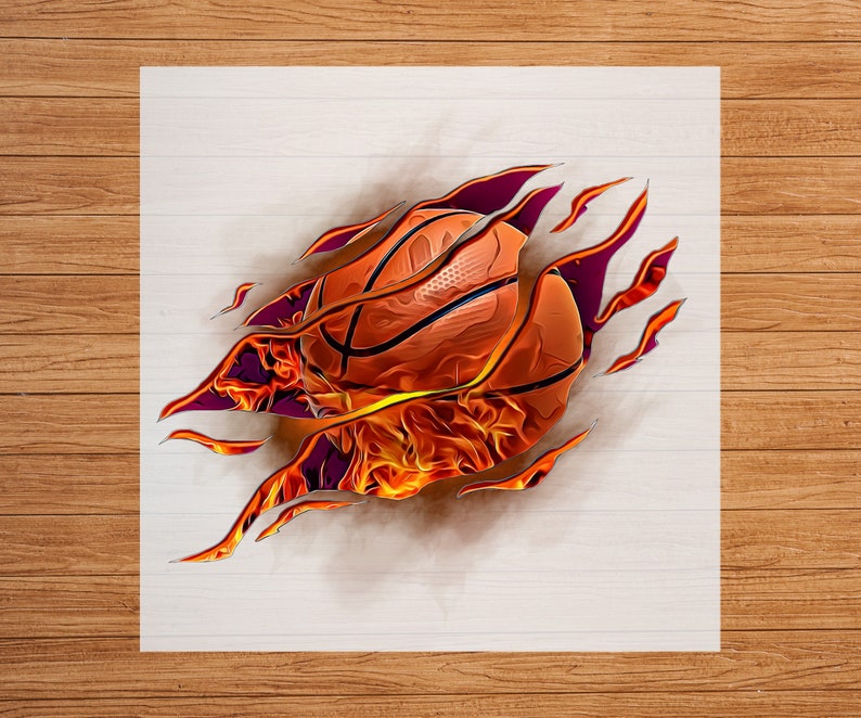 May include: A basketball with orange and brown leather texture is bursting through a white background with flames of orange, yellow, and purple.