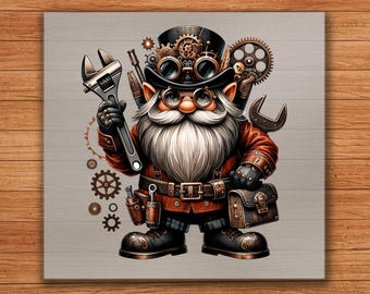 Transferencia termoadhesiva de gnomo steampunk: sombrero de plumas para atuendo retro.