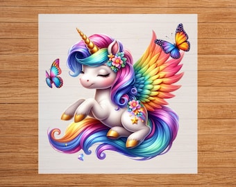 May include: A colorful unicorn with a rainbow mane and tail, wearing a flower crown and with iridescent wings. Two butterflies are flying nearby.