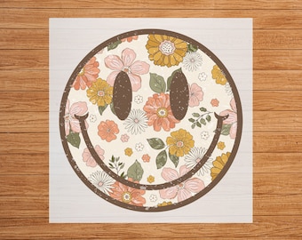 Distressed Smile Face DTF Transfer, Retro Flower Design, Ready to Press, Iron On Decal, Custom Apparel, DIY, Easy Application, Durable Print