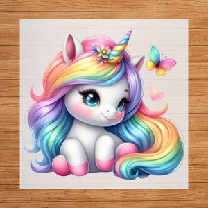 Baby Unicorn Watercolor Clipart DTF Transfer, Whimsical Design, Customizing Kids Apparel, Easy to Apply, Ready to Press, Detailed Fabric Art