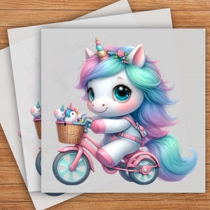 Baby Cute Unicorn Bicycle DTF Transfer, Adorable Adventure Design, High-Quality Print, Ready to Press, Perfect for DIY Project, Kids Clothin