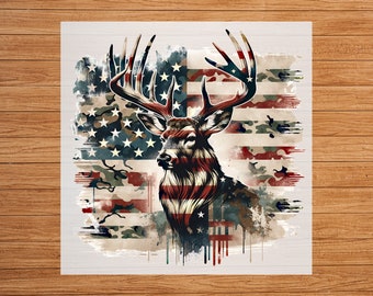 Camo Deer American Flag Deer Head DTF Transfer - Patriotic Deer Hunting Design, Ideal for Hunters, Iron-On Art for Hunting Apparel