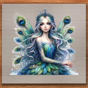 Peacock Fairy DTF Transfer: Fantasy Woman with Feathered Dress