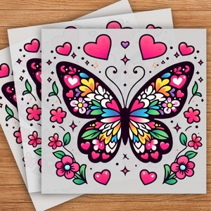 May include: A colorful butterfly with pink, blue, yellow, and green wings. The butterfly is surrounded by pink hearts and flowers. The background is a light gray.