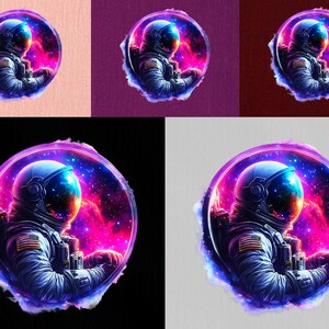 Pode incluir: Arte digital circular com um astronauta em um traje espacial, contra uma vibrante nebulosa rosa, roxa e azul. O astronauta est&aacute; dentro de um anel roxo brilhante, criando um tema c&oacute;smico.