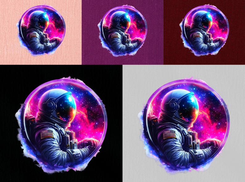 Pode incluir: Arte digital circular com um astronauta em um traje espacial, contra uma vibrante nebulosa rosa, roxa e azul. O astronauta est&aacute; dentro de um anel roxo brilhante, criando um tema c&oacute;smico.